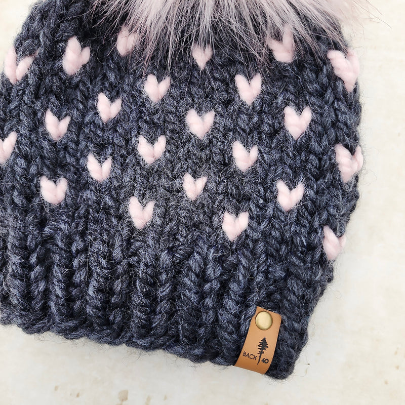 Mini Hearts Toque (Charcoal/Peony | RTS 6-12 Months