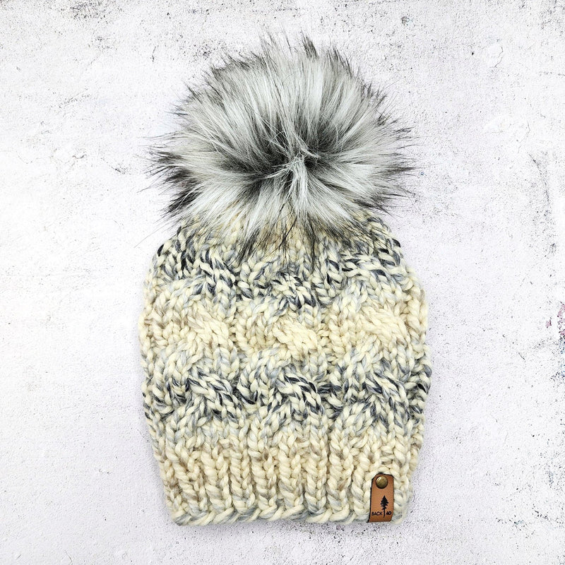 Cable beanie in Moonlight with Direwolf pom