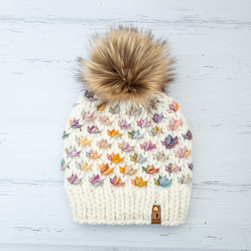 Luxe Line Lotus Flower Beanie (Ivory/Dancing Leaves) | Adult