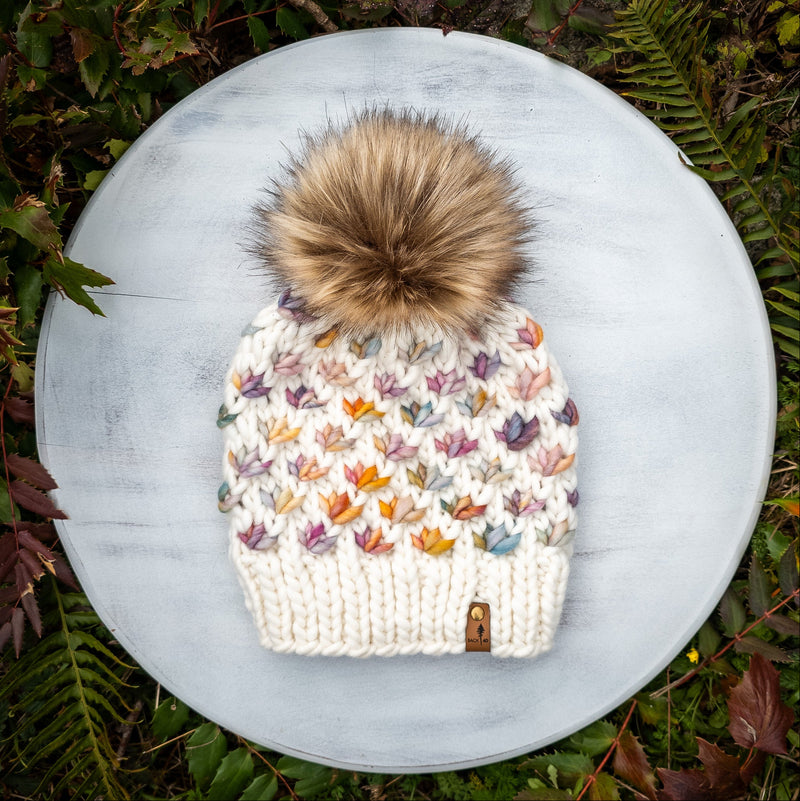 Luxe Line Lotus Flower Beanie (Ivory/Dancing Leaves) | Adult