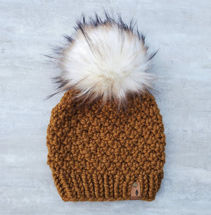 Alpine beanie in Flax with Creme Brulee faux fur pom