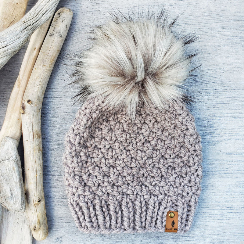 Alpine Beanie in Driftwood with Latte faux fur pom