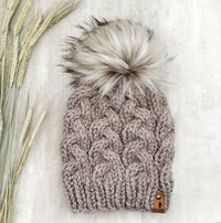 Cable beanie in Driftwood with Latte faux fur pom
