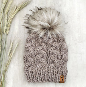 Cable beanie in Driftwood with Latte faux fur pom