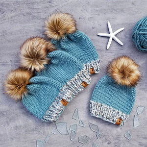 Two Tone Classic Beanies in Seaglass and Seafoam with Coyote faux fur poms