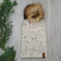 Slouchy Beanie in Natural Tweed with Coyote faux fur pom
