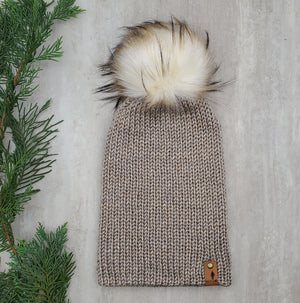 Slouchy Beanie in Canyon with Creme Brulee faux fur pom