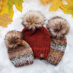 Classic Beanies in Cornucopia and Russet with Coyote faux fur pom poms
