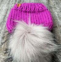 Classic Beanie in Lollipop with Grey Wolf faux fur pom